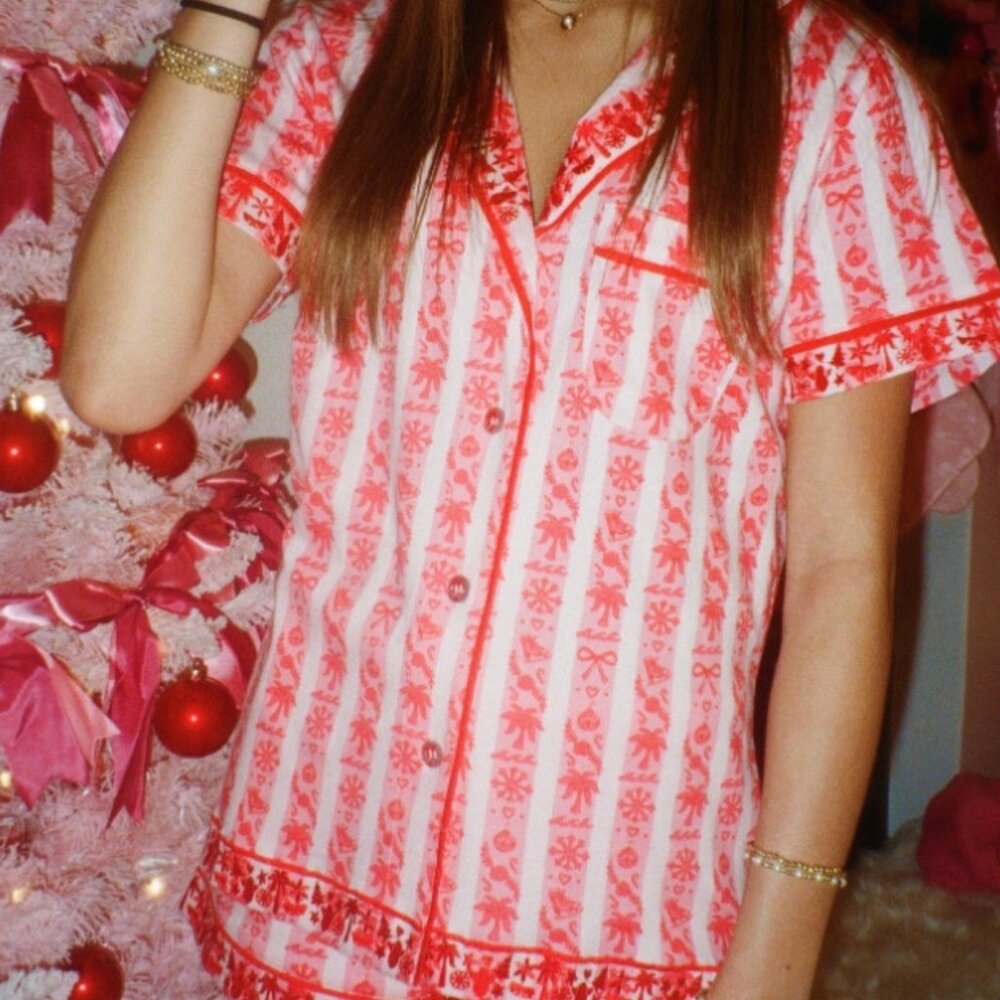Pink Palm Pajamas in Cranberry + Holiday Bow Set